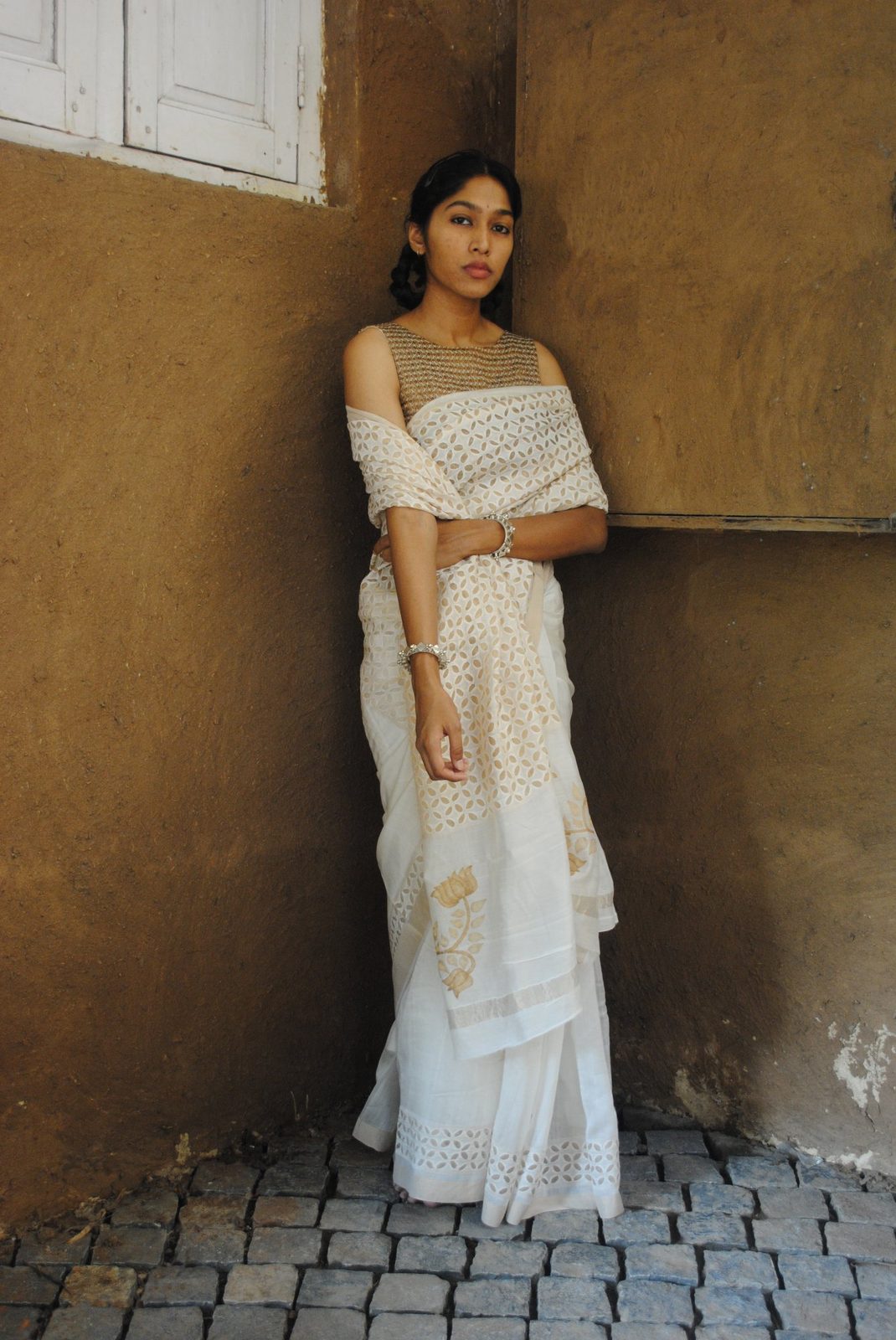 Maheshwari Ivory Cutwork Appliqué Saree